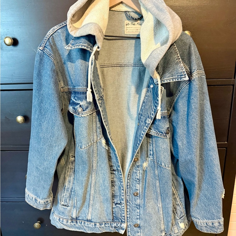 Free People | We The Free - Distressed Denim Jacket with Gray Hood